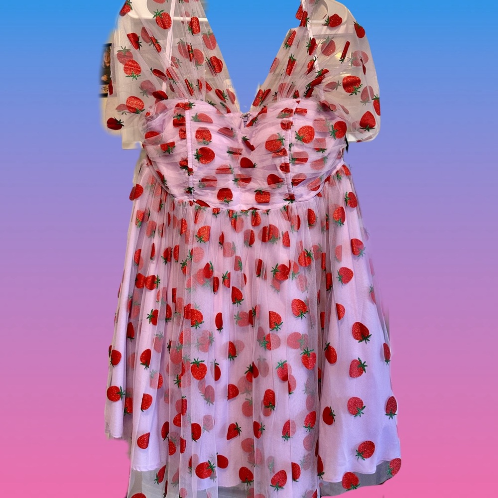 Unique Vintage Plus Size Lavender & Red Glitter Strawberry Print Babydoll Dress